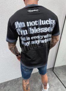 Tricou negru barbatesc cu inscriptii irizate T345-1