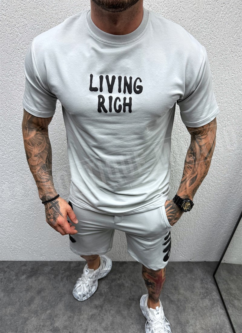 Compleu barbatesc gri cu imprimeu “LIVING RICH”