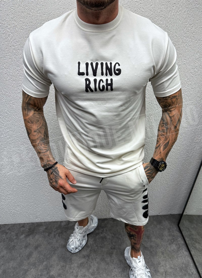 Compleu barbatesc alb cu imprimeu “LIVING RICH”