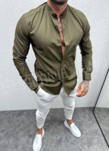 Camasa barbateasca eleganta verde maslin cu guler inalt R221