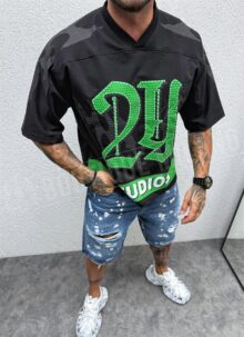 Tricou barbatesc bărbătesc negru cu litere verzi oversized T232-1