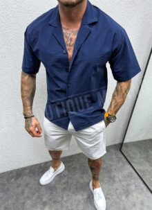 Compleu barbatesc cu camasa albastra si pantaloni albi L2493-1