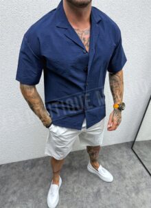 Compleu barbatesc cu camasa albastra si pantaloni albi L2493-1