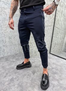 Pantaloni barbatesti eleganti albastru inchis cu fermoar lateral P001-2