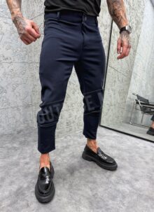 Pantaloni barbatesti eleganti albastru inchis cu fermoar lateral P001-2
