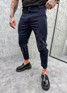 Pantaloni barbatesti eleganti albastru inchis cu fermoar lateral P001-2