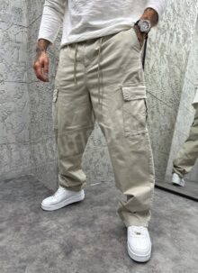 Pantaloni sport largi pentru barbati verde deschis cu buzunare cargo P253095-3