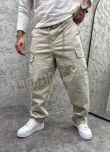 Pantaloni sport largi pentru barbati verde deschis cu buzunare cargo P253095-3