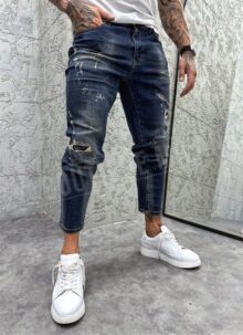 Blugi barbatesti slim fit albastri inchis cu petice A9693