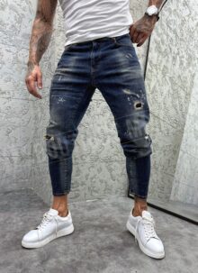 Blugi barbatesti slim fit albastri inchis cu petice A9693