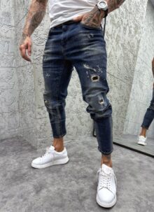 Blugi barbatesti slim fit albastri inchis cu petice A9693