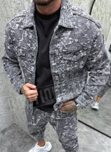 Geaca barbateasca denim gri cu efect rupt D5073-2