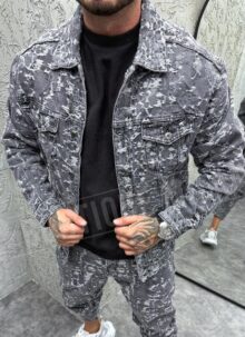 Geaca barbateasca denim gri cu efect rupt D5073-2