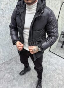 Geaca barbateasca de iarna neagra cu gluga K5352-1