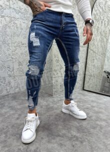 Blugi barbatesti slim fit albastri cu petice A4514-5