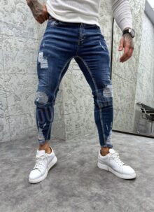 Blugi barbatesti slim fit albastri cu petice A4514-5