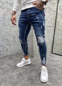 Blugi barbatesti slim fit albastri cu petice A4514-5