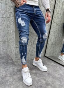 Blugi barbatesti slim fit albastri cu petice A4514-5