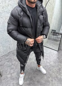 Geaca lunga barbateasca de iarna neagra K6847-1