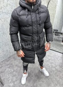 Geaca lunga barbateasca de iarna neagra K6847-1