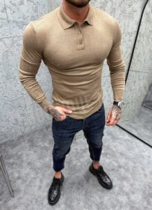 Bluza barbateasca bej cu guler B881-4