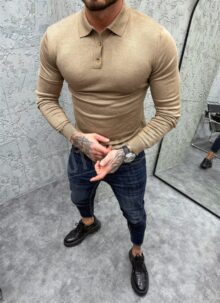 Bluza barbateasca bej cu guler B881-4