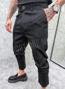 Pantaloni eleganti barbatesti negri cu pietre pe curea P299