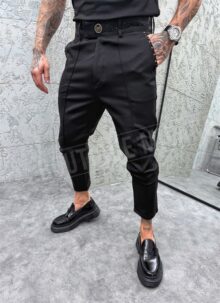 Pantaloni eleganti barbatesti negri cu pietre pe curea P299