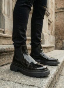 Ghete barbatesti negre din piele lacuita cu talpa inalta BT9046-5