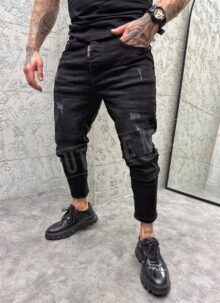 Blugi slim fit barbatesti negri cu petice A153-4
