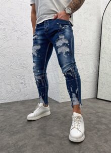 Blugi skinny barbatesti albastri cu imprimeu A6267-6