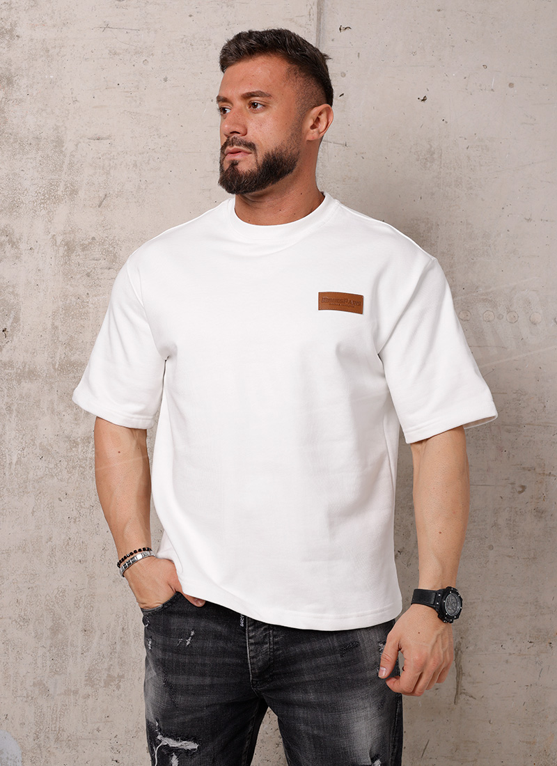 Tricou barbatesc alb cu emblema din piele T1014-2