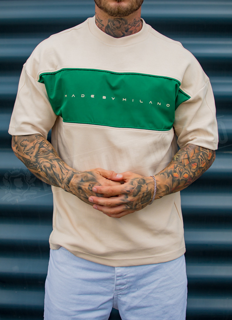 Tricou barbatesc ecru si verde „Made by Milano” T080-4