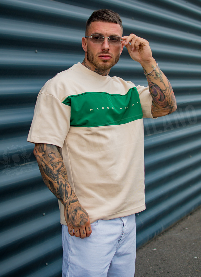 Tricou barbatesc ecru si verde „Made by Milano” T080-4