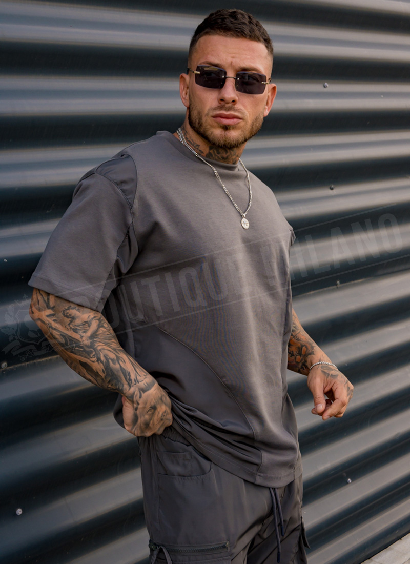 Set sport bărbătesc gri – tricou și pantaloni cargo din material textil și fâș L26076-2