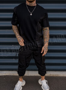 Set sport bărbătesc negru – tricou și pantaloni cargo din material textil și fâș L26076-1