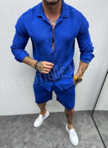 Compleu barbatesc din IN albastru turcesc camasa cu maneca lunga si pantaloni scurti L00-11