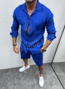Compleu barbatesc din IN albastru turcesc camasa cu maneca lunga si pantaloni scurti L00-11