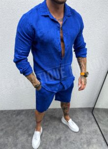 Compleu barbatesc din IN albastru turcesc camasa cu maneca lunga si pantaloni scurti L00-11
