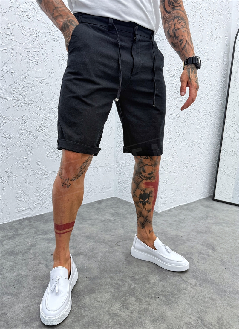 Pantaloni scurti barbatesti negri cu legaturi si elastic KP234-1