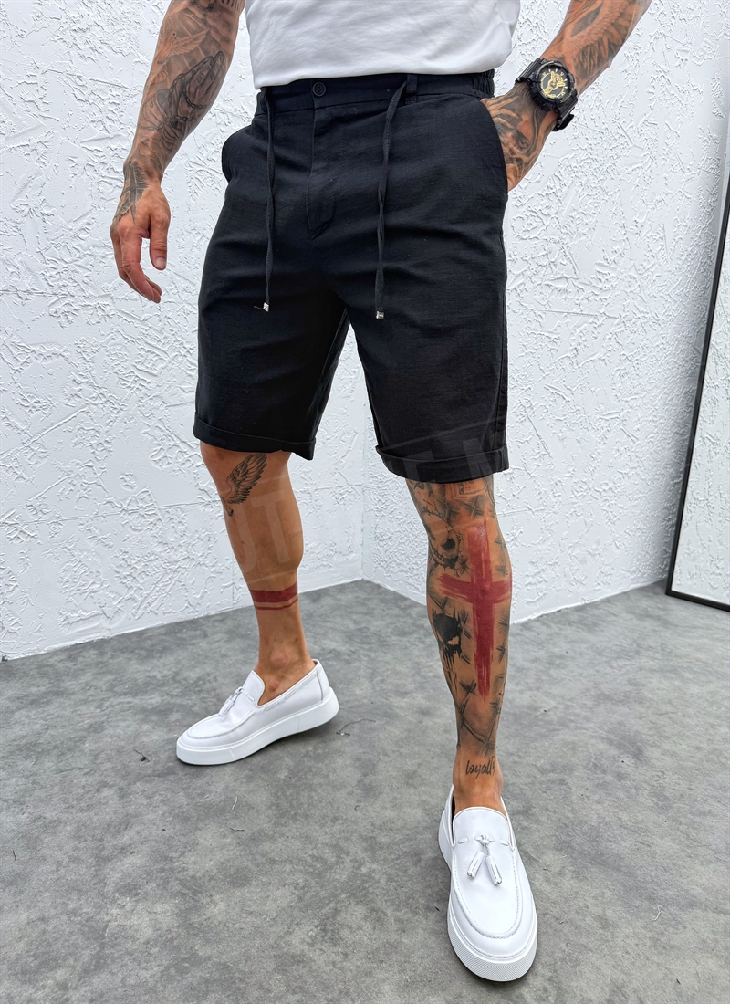 Pantaloni scurti barbatesti negri cu legaturi si elastic KP234-1