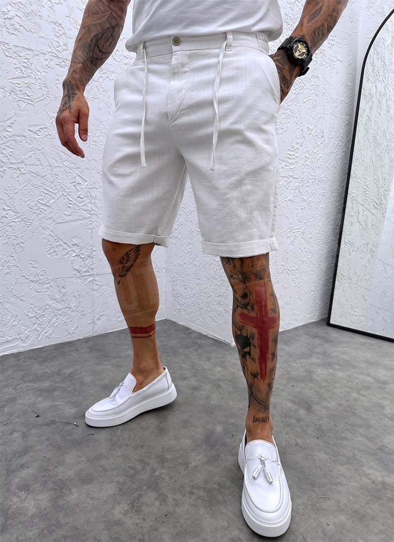 Pantaloni scurti barbatesti albi cu legaturi si elastic KP234-2