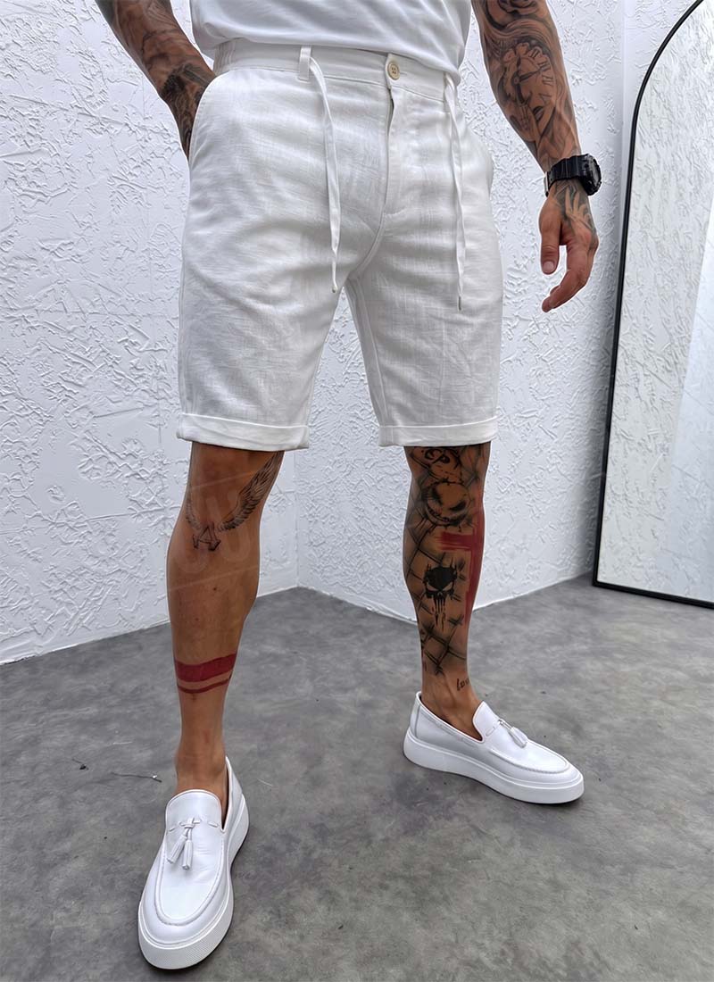 Pantaloni scurti barbatesti albi cu legaturi si elastic KP234-2
