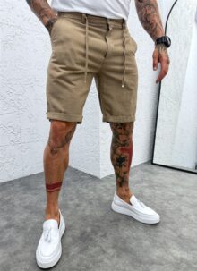 Pantaloni scurti barbatesti maro deschis cu legaturi si elastic KP234-4