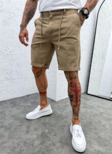 Pantaloni scurti barbatesti maro deschis cu legaturi si elastic KP234-4