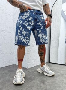 Blugi scurti barbati albastri cu efect de spalare acida KD3366