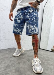 Blugi scurti barbati albastri cu efect de spalare acida KD3366
