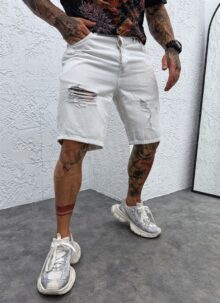 Blugi scurti barbati albi cu design KD1895