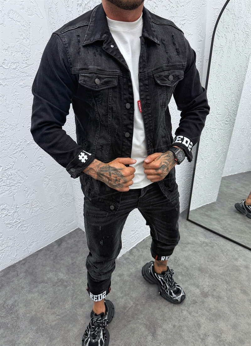 Geaca barbateasca denim negru cu aspect uzat si inscriptie D879-1