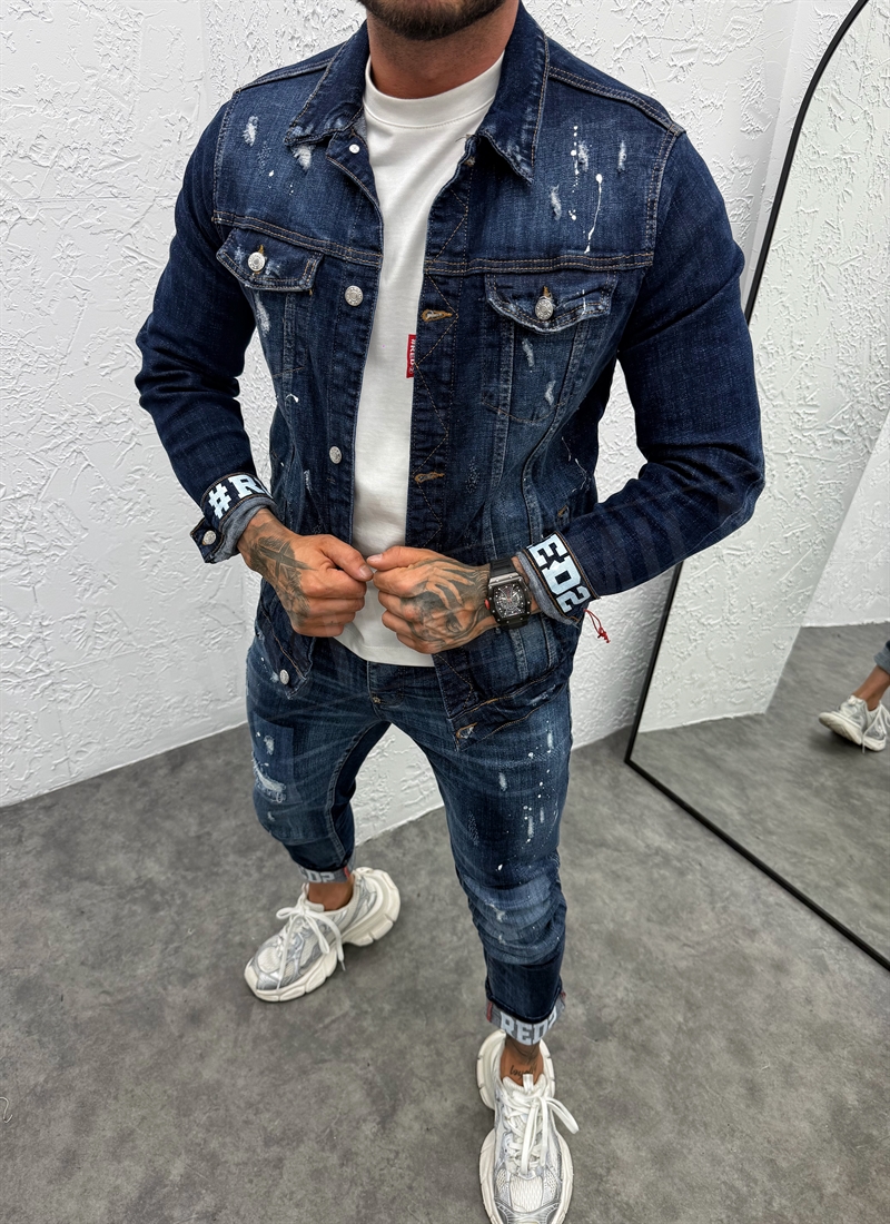 Set barbatesc denim albastru inchis cu stropi albi L878-2